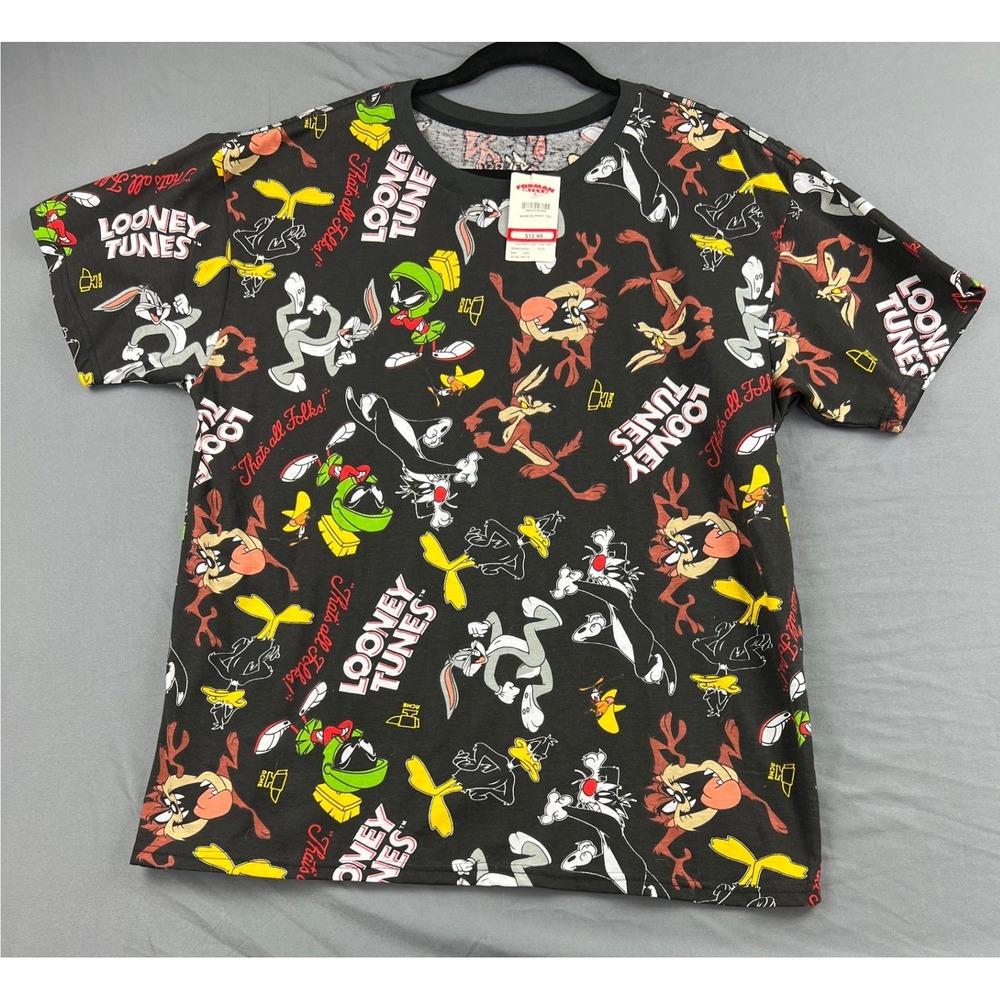 Looney Tunes T Shirt Mens Large Black All Over Print NWT Bugs Bunny Taz Marvin